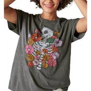 Lucky Brand Cotton Skeleton T-Shirt. Embroidered | Flowers | Women’s Sz-XL